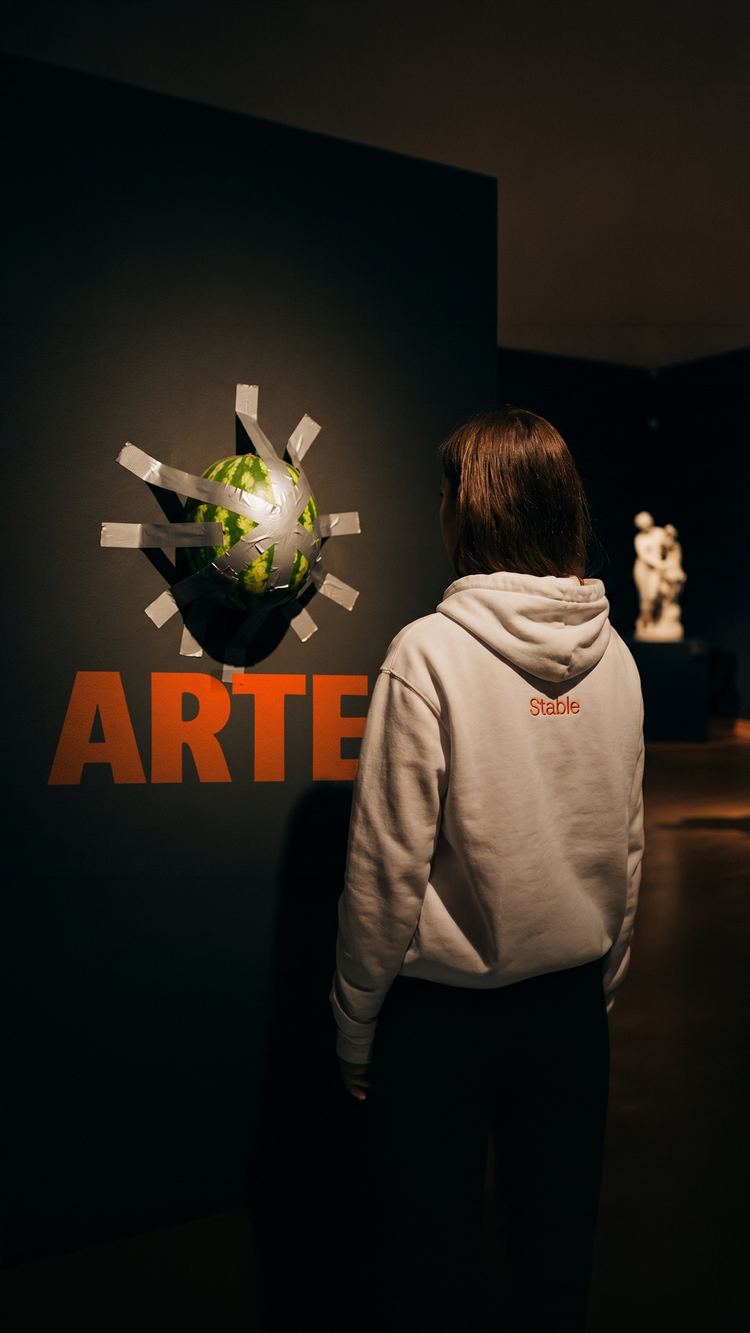Visitante con hoodie Stable observando una obra en una galería de arte