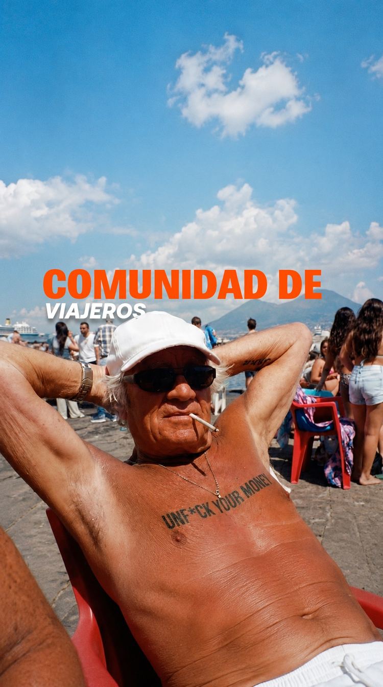 Viajero tomando el sol junto al mar bajo el lema Comunidad de viajeros